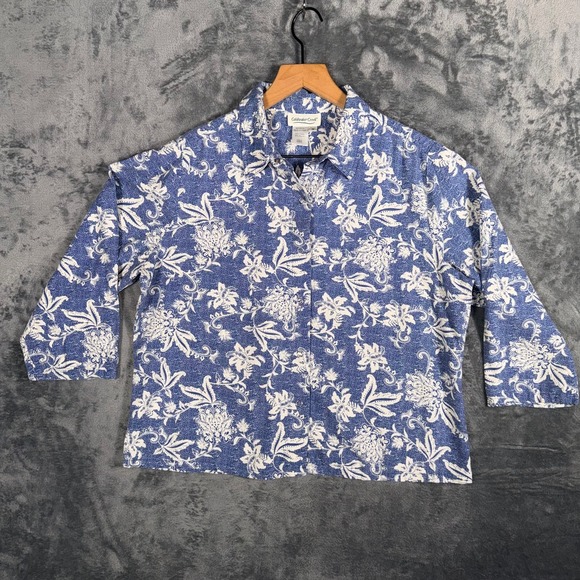 Coldwater Creek Tops - Coldwater Creek Womens 3/4 Sleeve Button Up Shirt Size M Blue Floral Linen Blend
